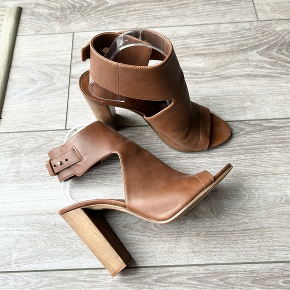 VINCE Addie Open Toe Buckle Back Strap Brown  Leather Bootie Wooden block Heel - Picture 3 of 16